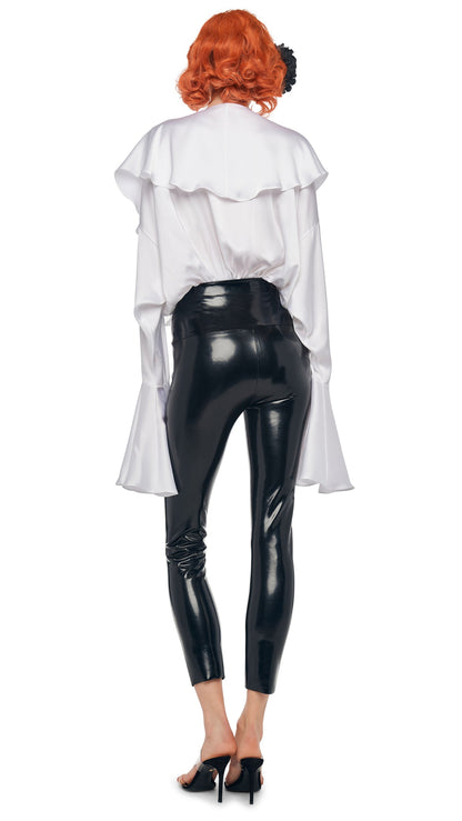 LONG SLEEVE DEEP V RUFFLE BODYSUIT Snow White | Norma Kamali Women