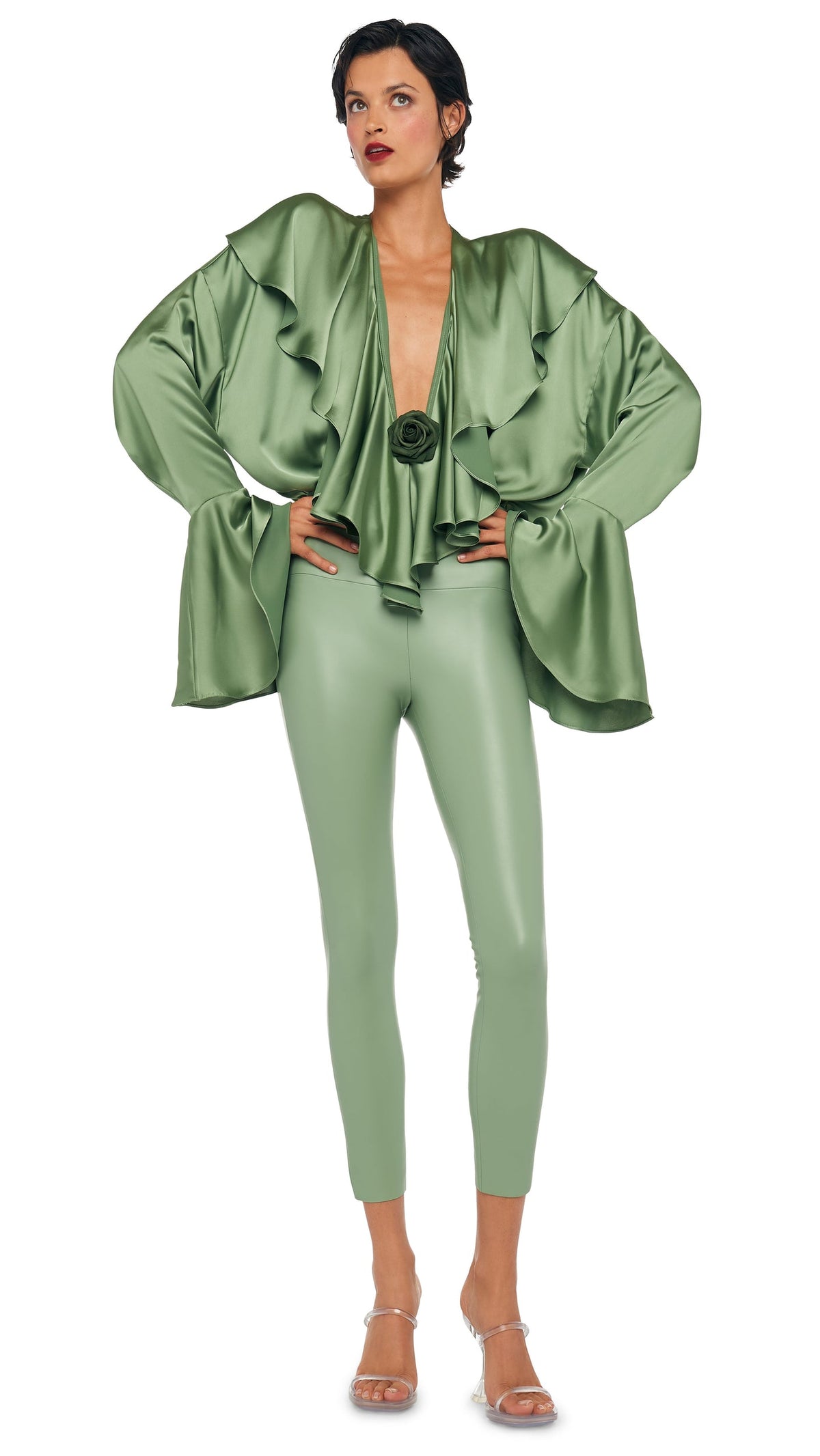 LONG SLEEVE DEEP V RUFFLE BODYSUIT Vintage Green | Norma Kamali Women