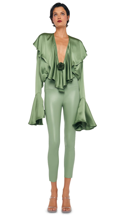 LONG SLEEVE DEEP V RUFFLE BODYSUIT Vintage Green | Norma Kamali Women