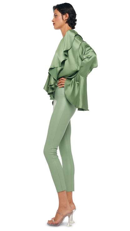 LONG SLEEVE DEEP V RUFFLE BODYSUIT Vintage Green | Norma Kamali Women