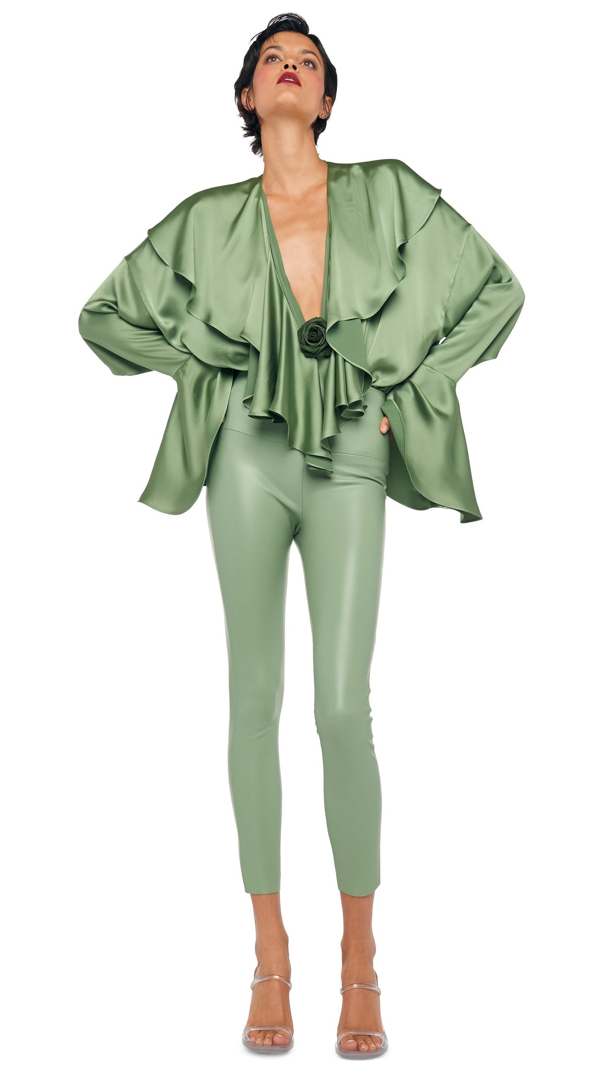 LONG SLEEVE DEEP V RUFFLE BODYSUIT Vintage Green | Norma Kamali Women