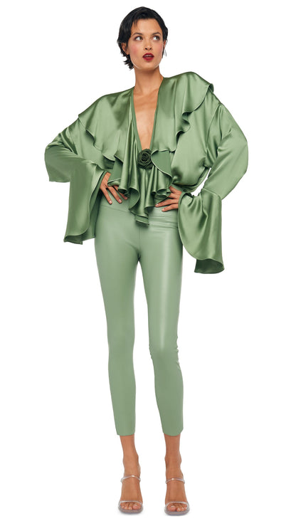 LONG SLEEVE DEEP V RUFFLE BODYSUIT Vintage Green | Norma Kamali Women