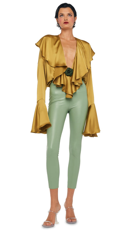 LONG SLEEVE DEEP V RUFFLE BODYSUIT Asparagus | Norma Kamali Women