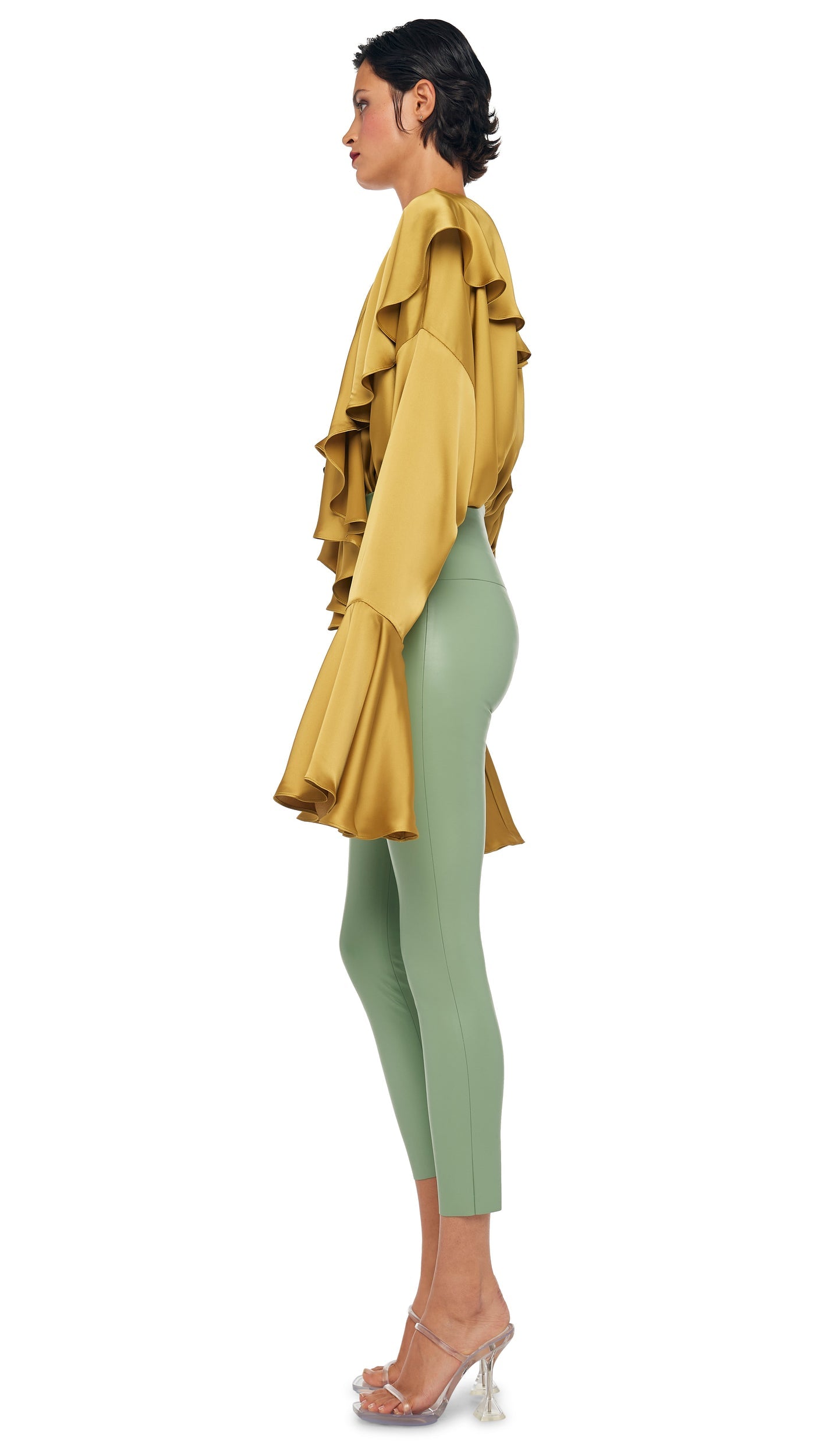 LONG SLEEVE DEEP V RUFFLE BODYSUIT Asparagus | Norma Kamali Women