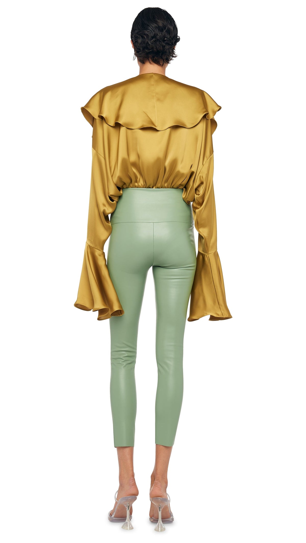 LONG SLEEVE DEEP V RUFFLE BODYSUIT Asparagus | Norma Kamali Women