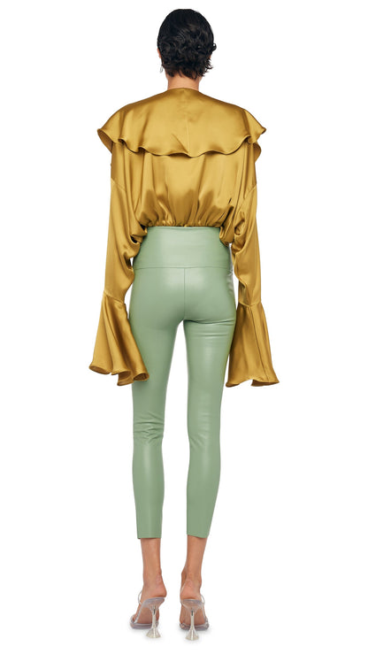 LONG SLEEVE DEEP V RUFFLE BODYSUIT Asparagus | Norma Kamali Women