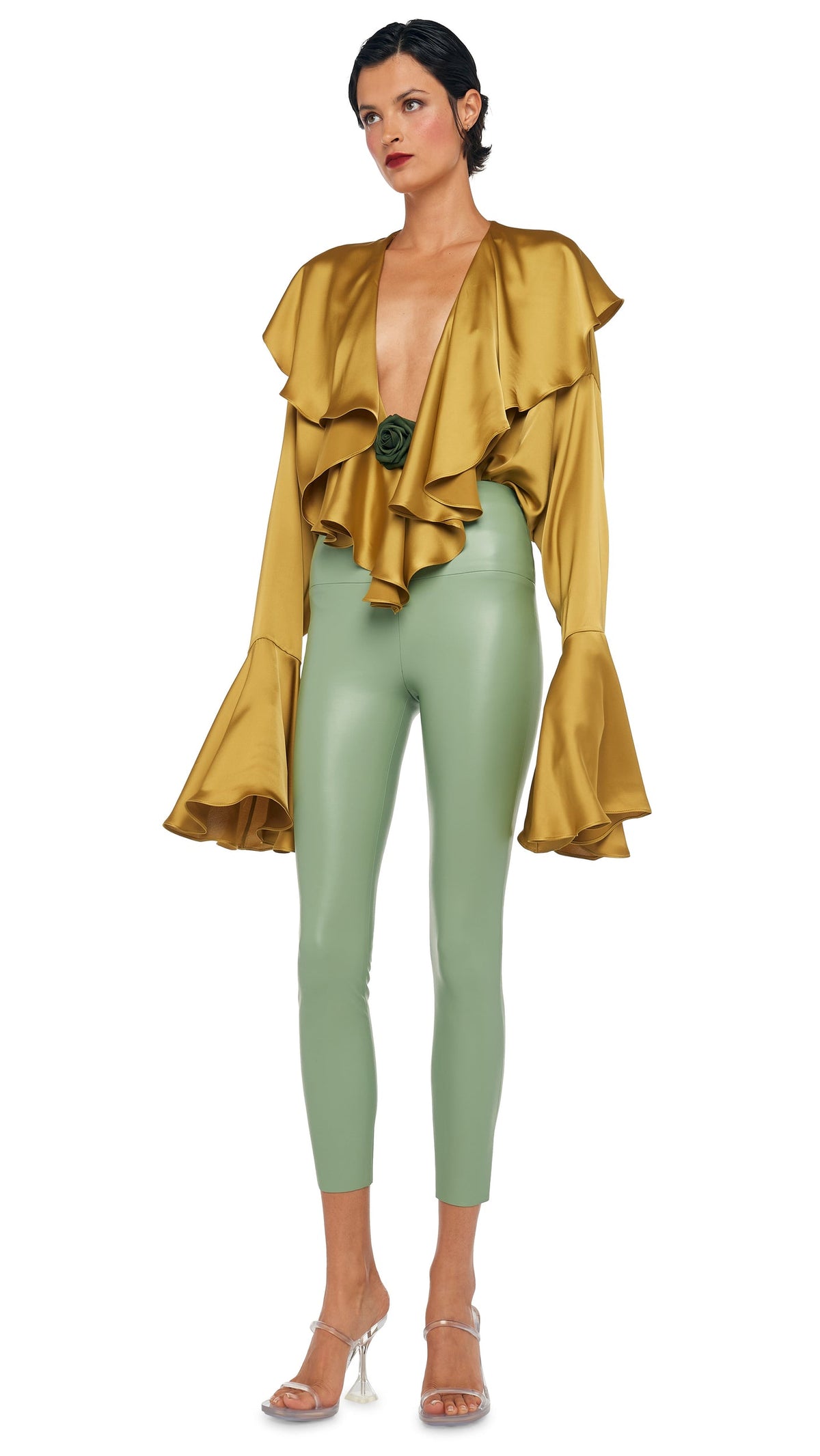 LONG SLEEVE DEEP V RUFFLE BODYSUIT Asparagus | Norma Kamali Women