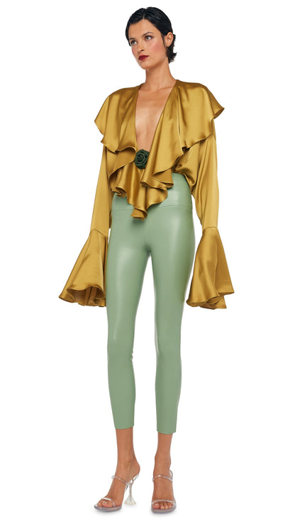LONG SLEEVE DEEP V RUFFLE BODYSUIT Asparagus | Norma Kamali Women