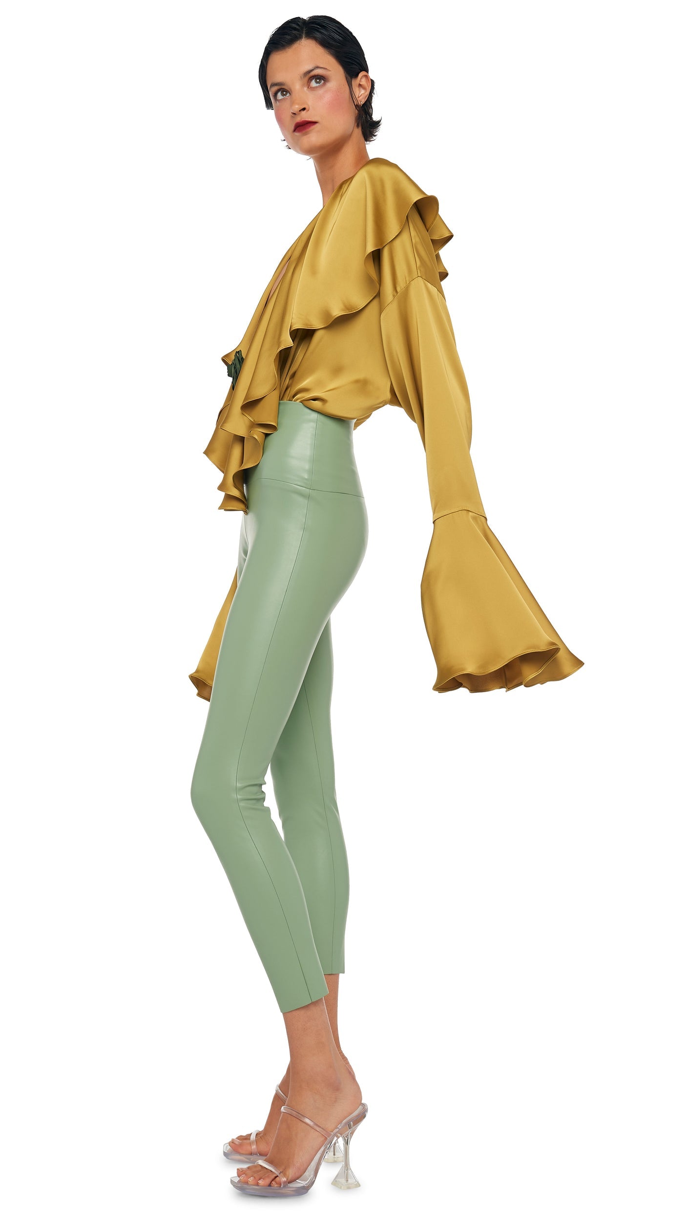 LONG SLEEVE DEEP V RUFFLE BODYSUIT Asparagus | Norma Kamali Women