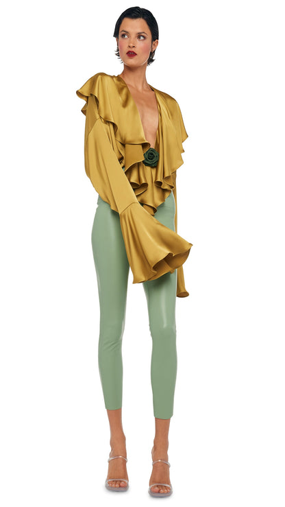 LONG SLEEVE DEEP V RUFFLE BODYSUIT Asparagus | Norma Kamali Women