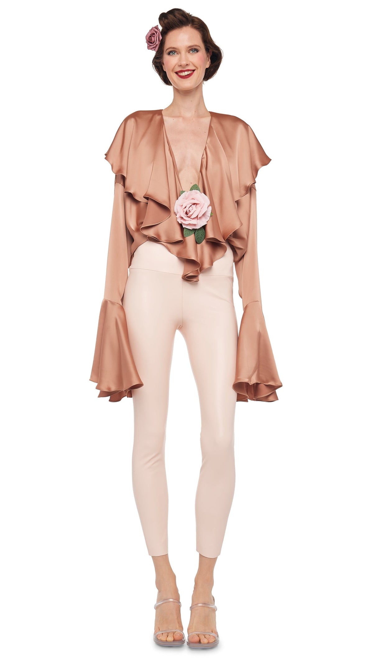 LONG SLEEVE DEEP V RUFFLE BODYSUIT Cappuccino | Norma Kamali Women