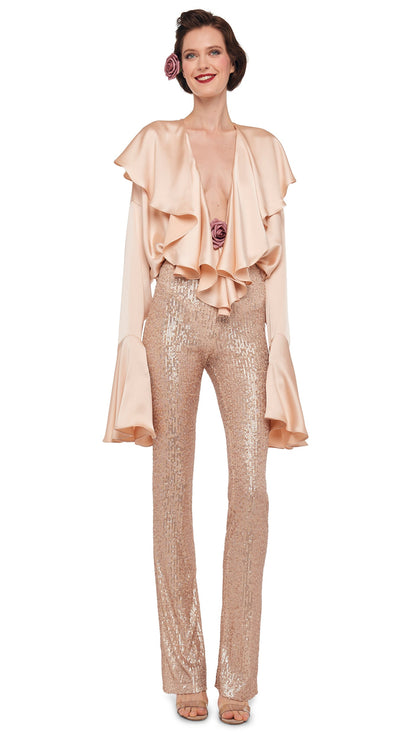 LONG SLEEVE DEEP V RUFFLE BODYSUIT Baby | Norma Kamali Women