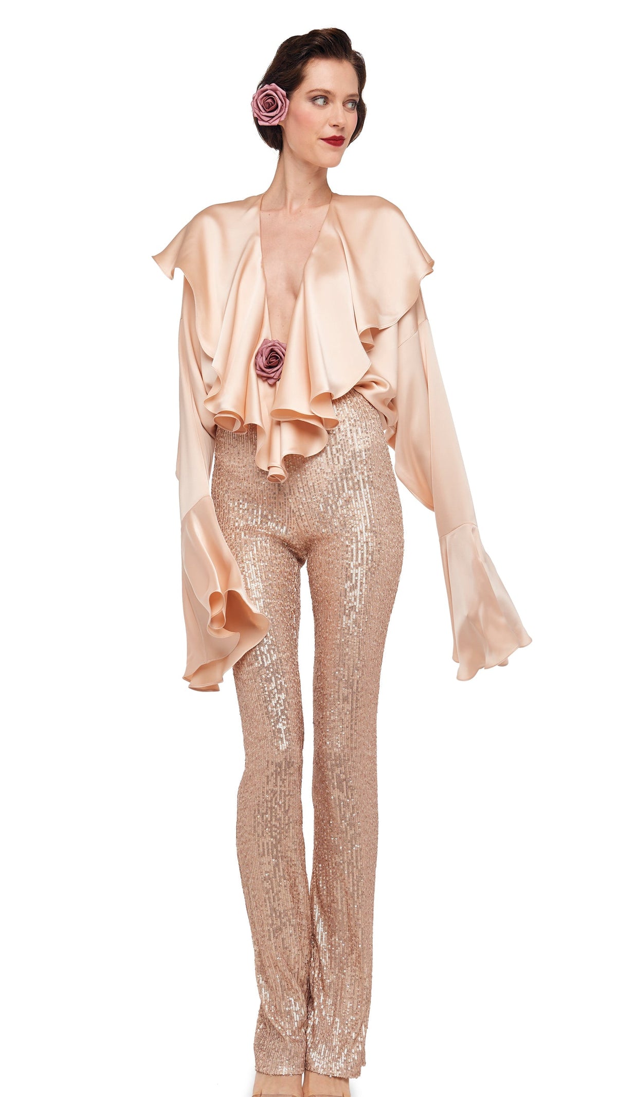 LONG SLEEVE DEEP V RUFFLE BODYSUIT Baby | Norma Kamali Women
