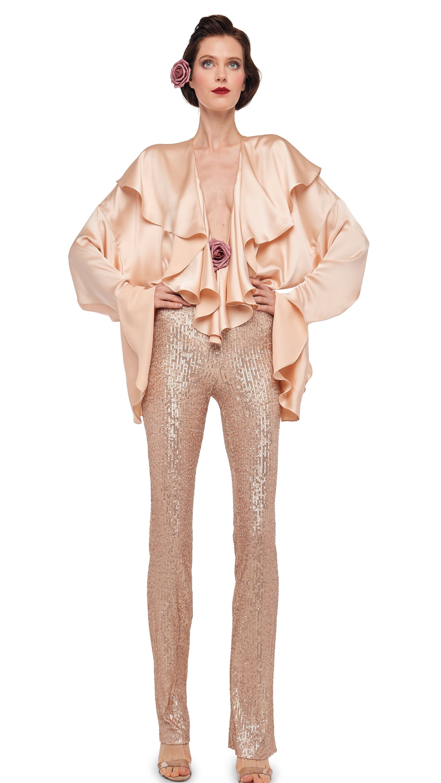 LONG SLEEVE DEEP V RUFFLE BODYSUIT Baby | Norma Kamali Women