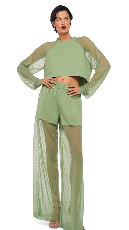 OS RAGLAN CROPPED TOP W/ MESH Vintage Green | Norma Kamali Women