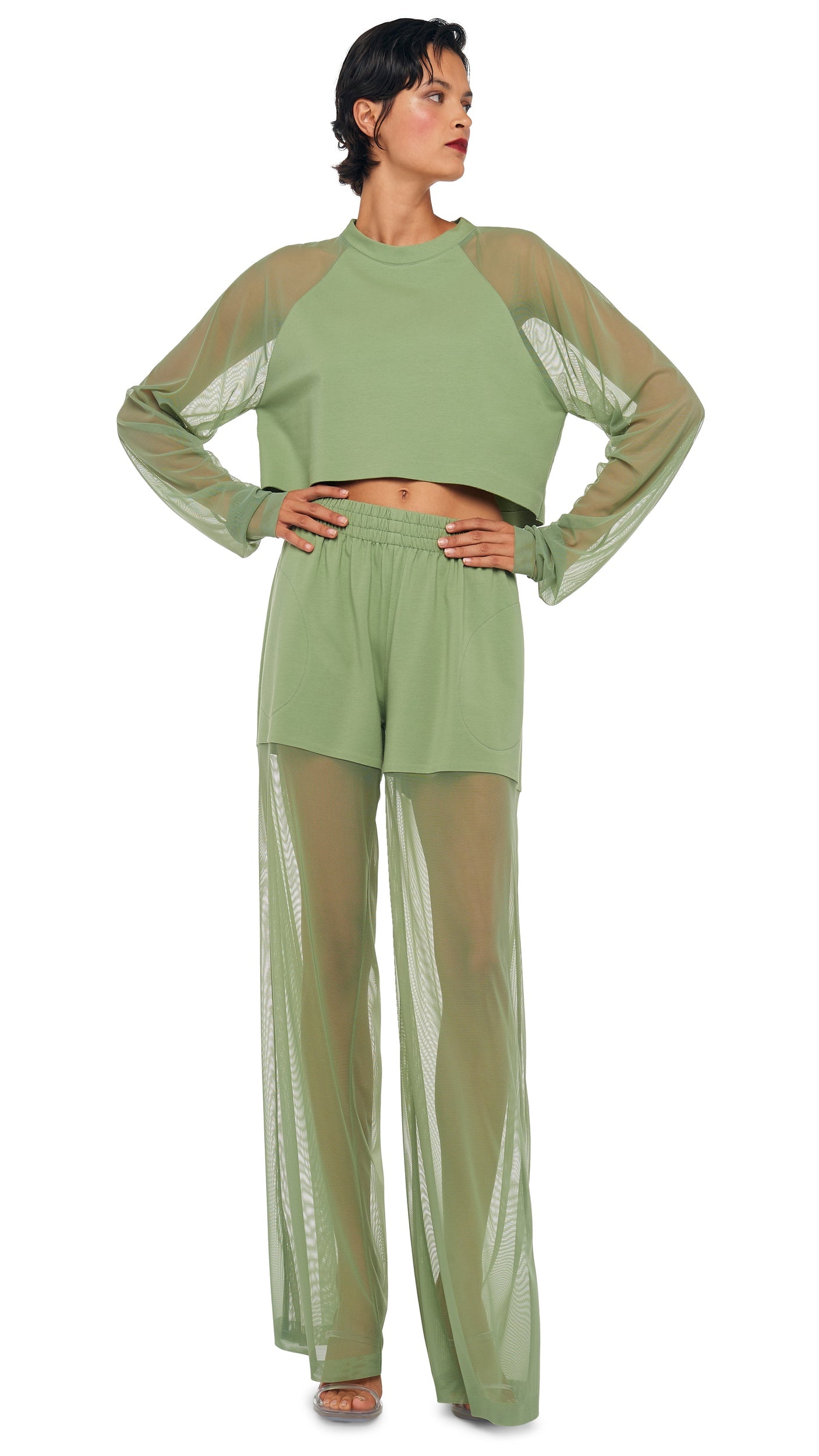 OS RAGLAN CROPPED TOP W/ MESH Vintage Green | Norma Kamali Women