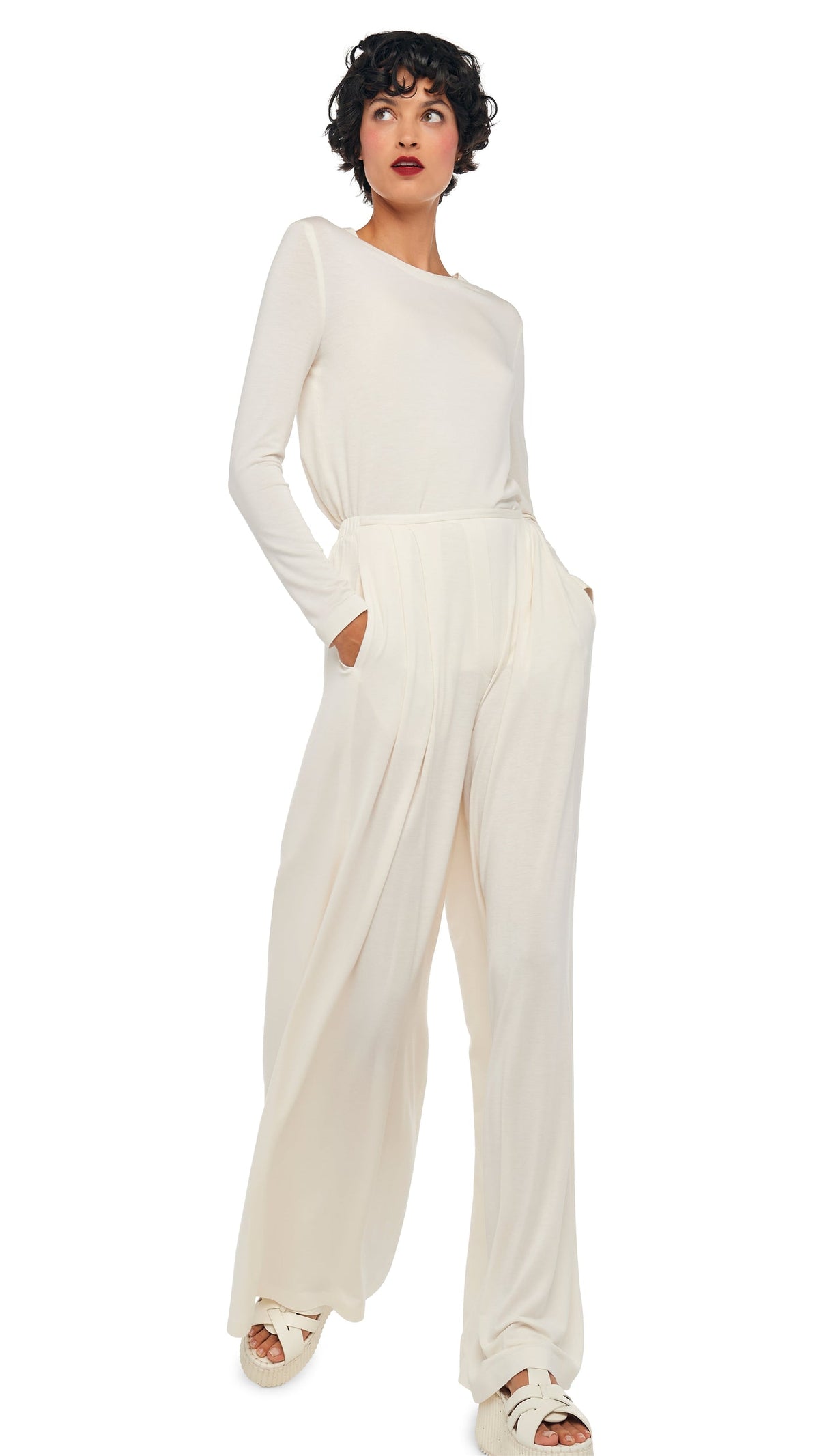 LONG SLEEVE CREW TOP Cream | Norma Kamali Women
