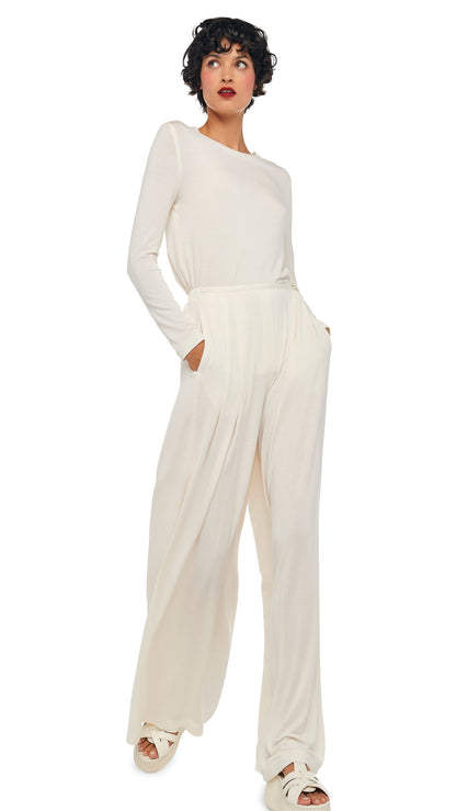 LONG SLEEVE CREW TOP Cream | Norma Kamali Women