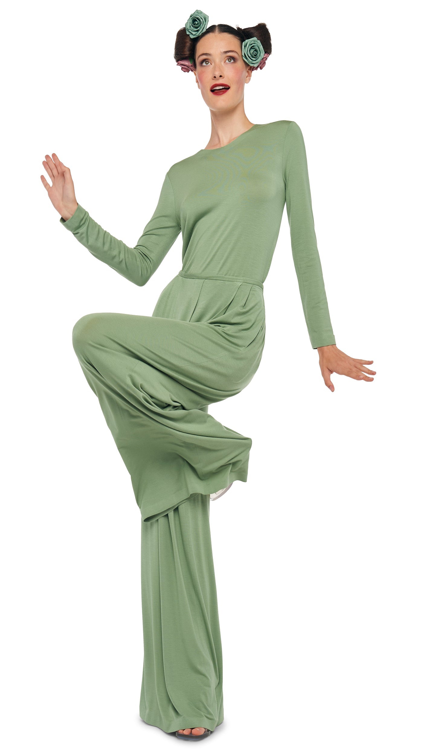 LONG SLEEVE CREW TOP Vintage Green | Norma Kamali Women