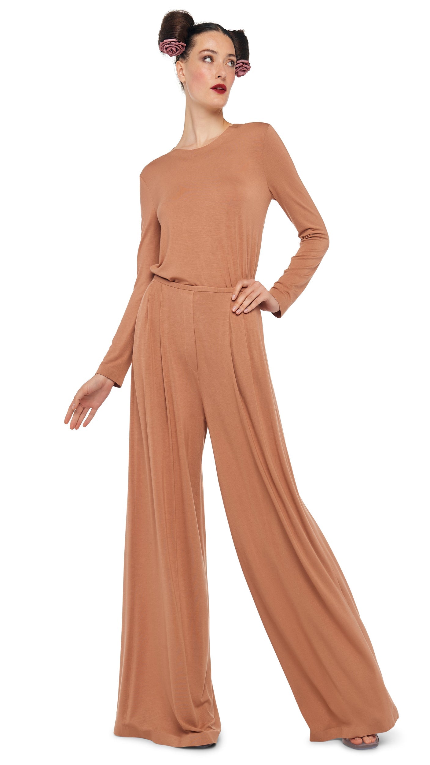 LONG SLEEVE CREW TOP Cappuccino | Norma Kamali Women