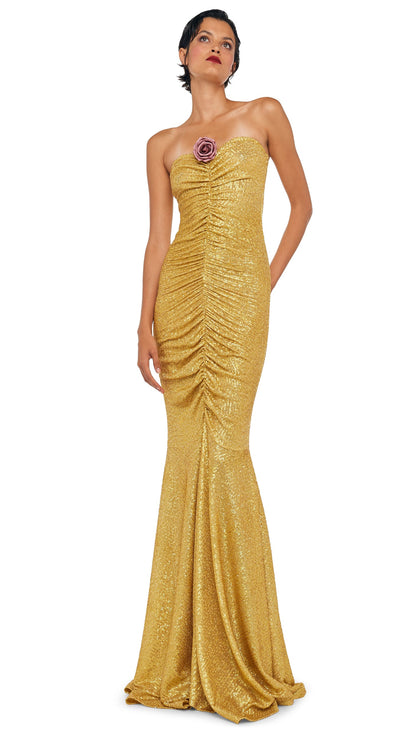 STRAPLESS SHIRRED FRONT FISHTAIL GOWN Asparagus | Norma Kamali Women