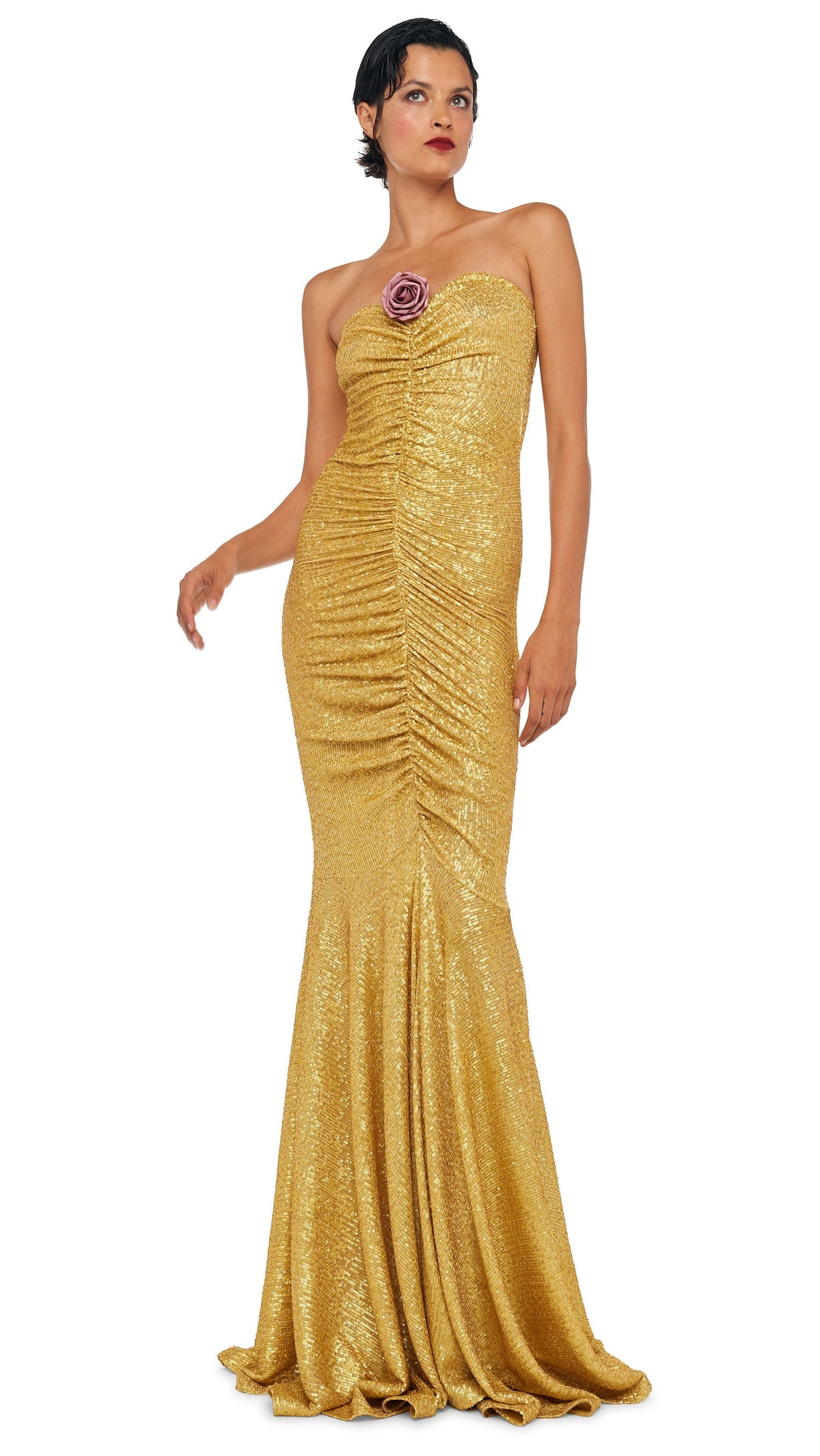 STRAPLESS SHIRRED FRONT FISHTAIL GOWN Asparagus | Norma Kamali Women