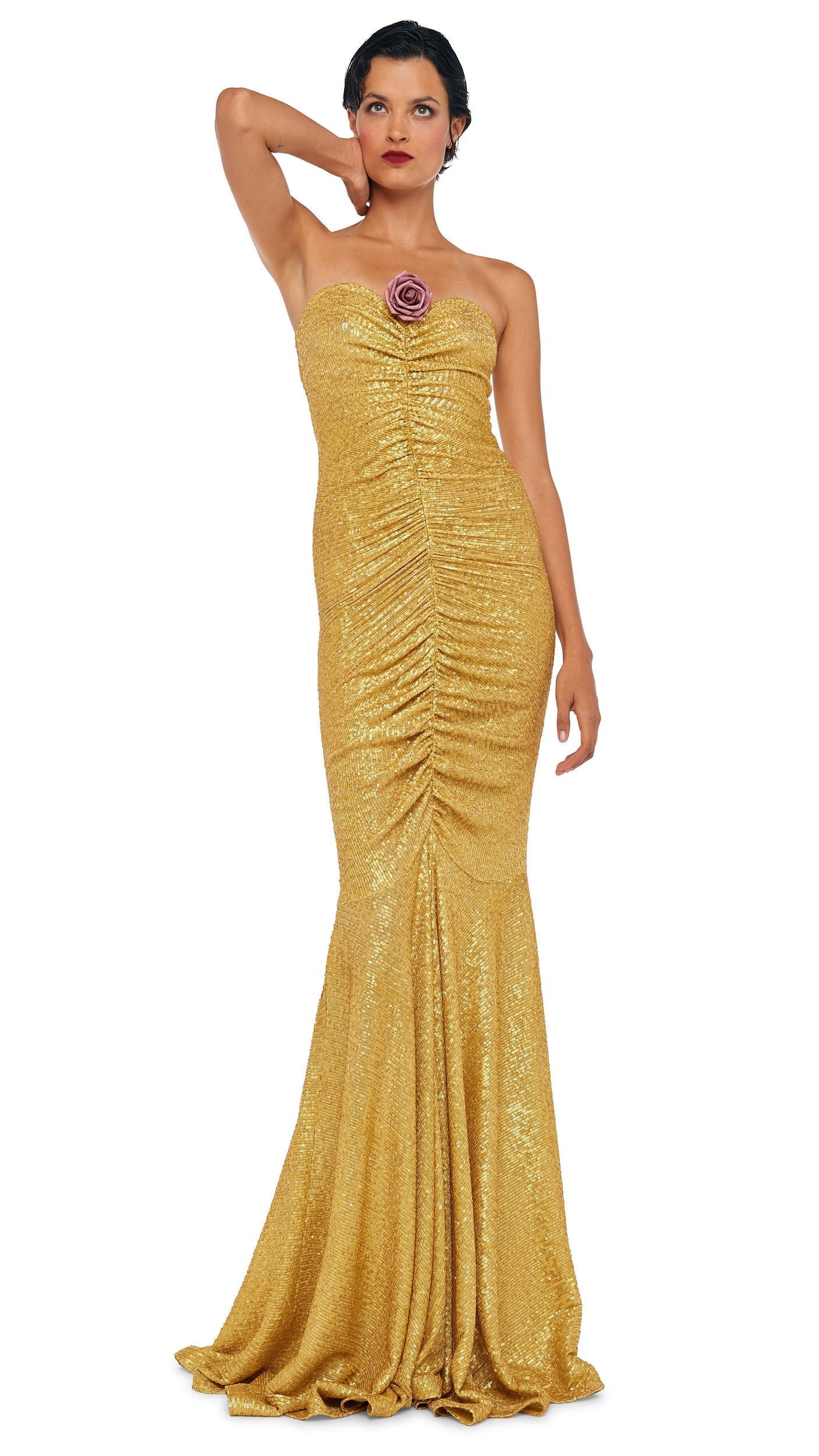 STRAPLESS SHIRRED FRONT FISHTAIL GOWN Asparagus | Norma Kamali Women