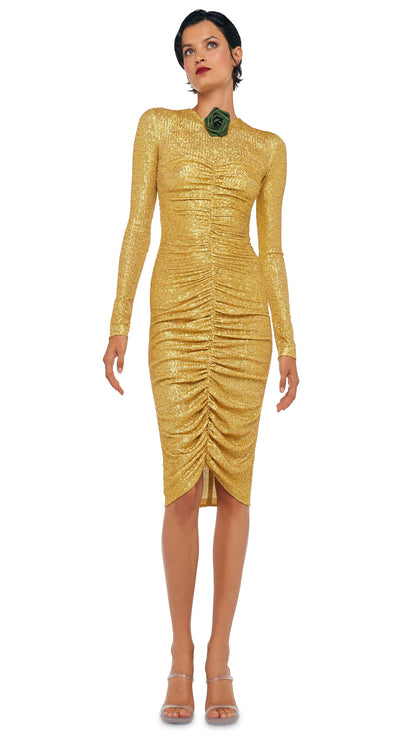 LS V NECK SHIRRED FRONT DRESS Asparagus | Norma Kamali Women