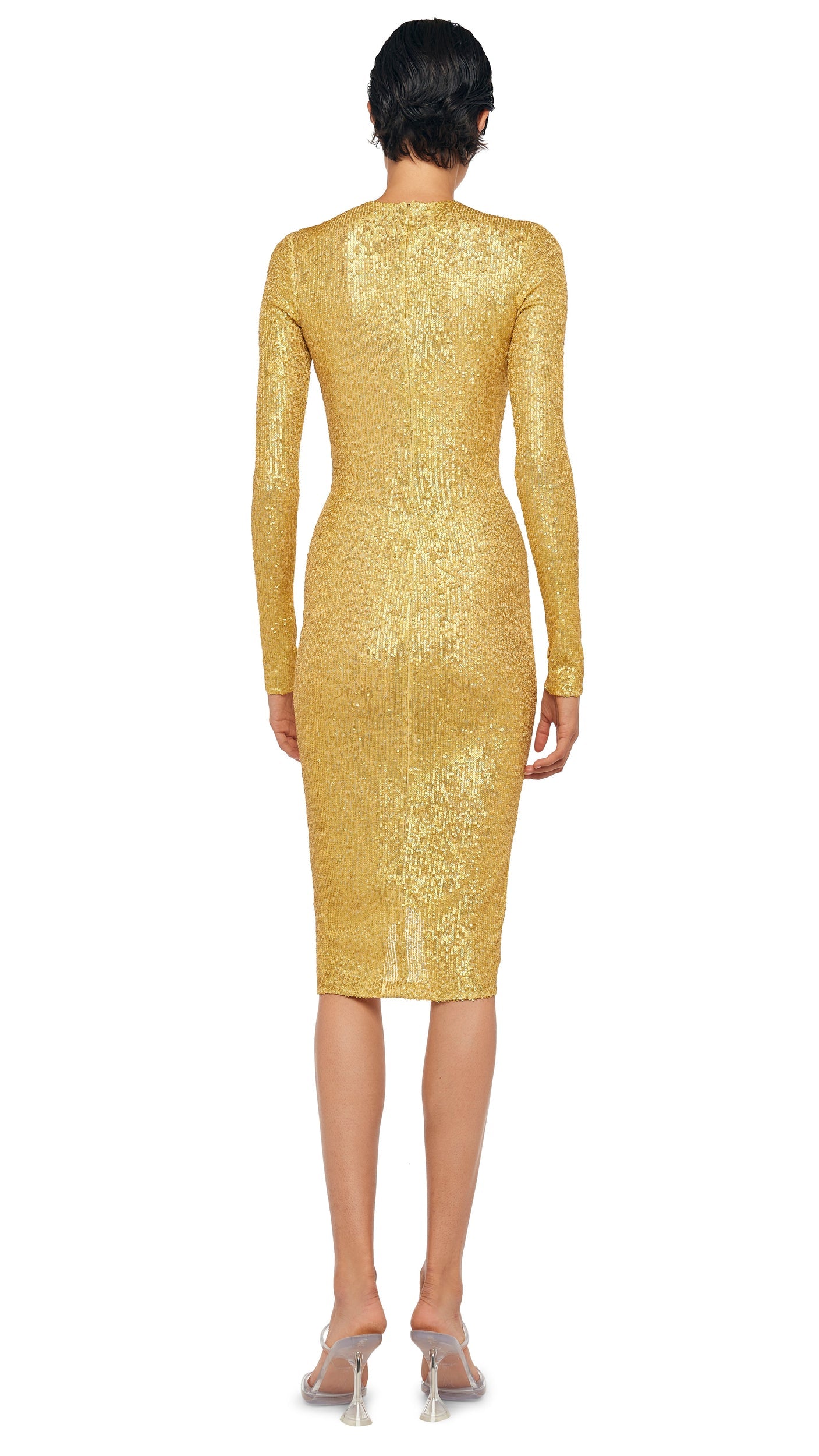 LS V NECK SHIRRED FRONT DRESS Asparagus | Norma Kamali Women