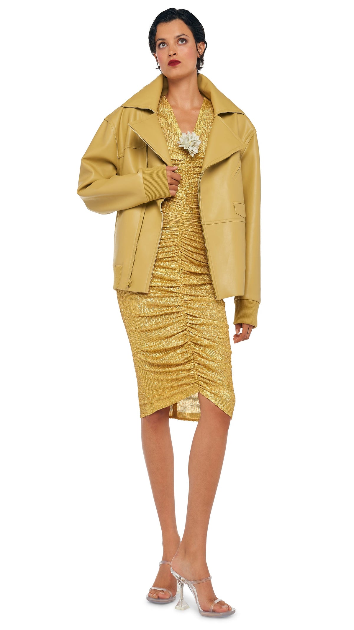 LS V NECK SHIRRED FRONT DRESS Asparagus | Norma Kamali Women