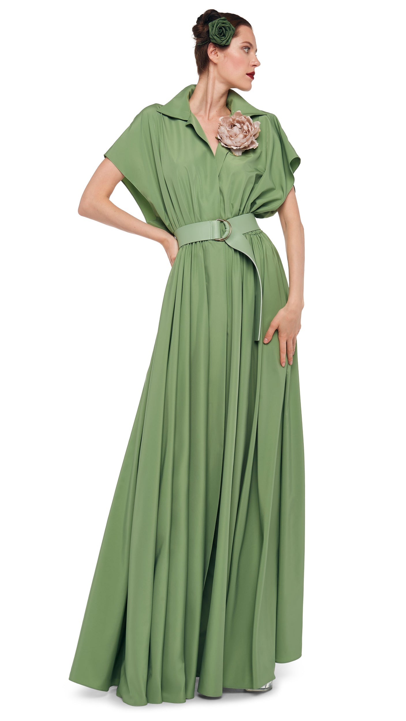 SUPER OS SLEEVELESS BF NK SHIRT FLARED GOWN Vintage Green | Norma Kamali Women
