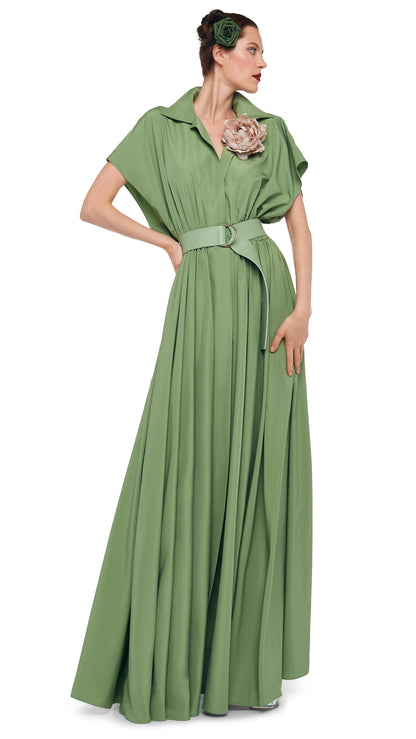 SUPER OS SLEEVELESS BF NK SHIRT FLARED GOWN Vintage Green | Norma Kamali Women