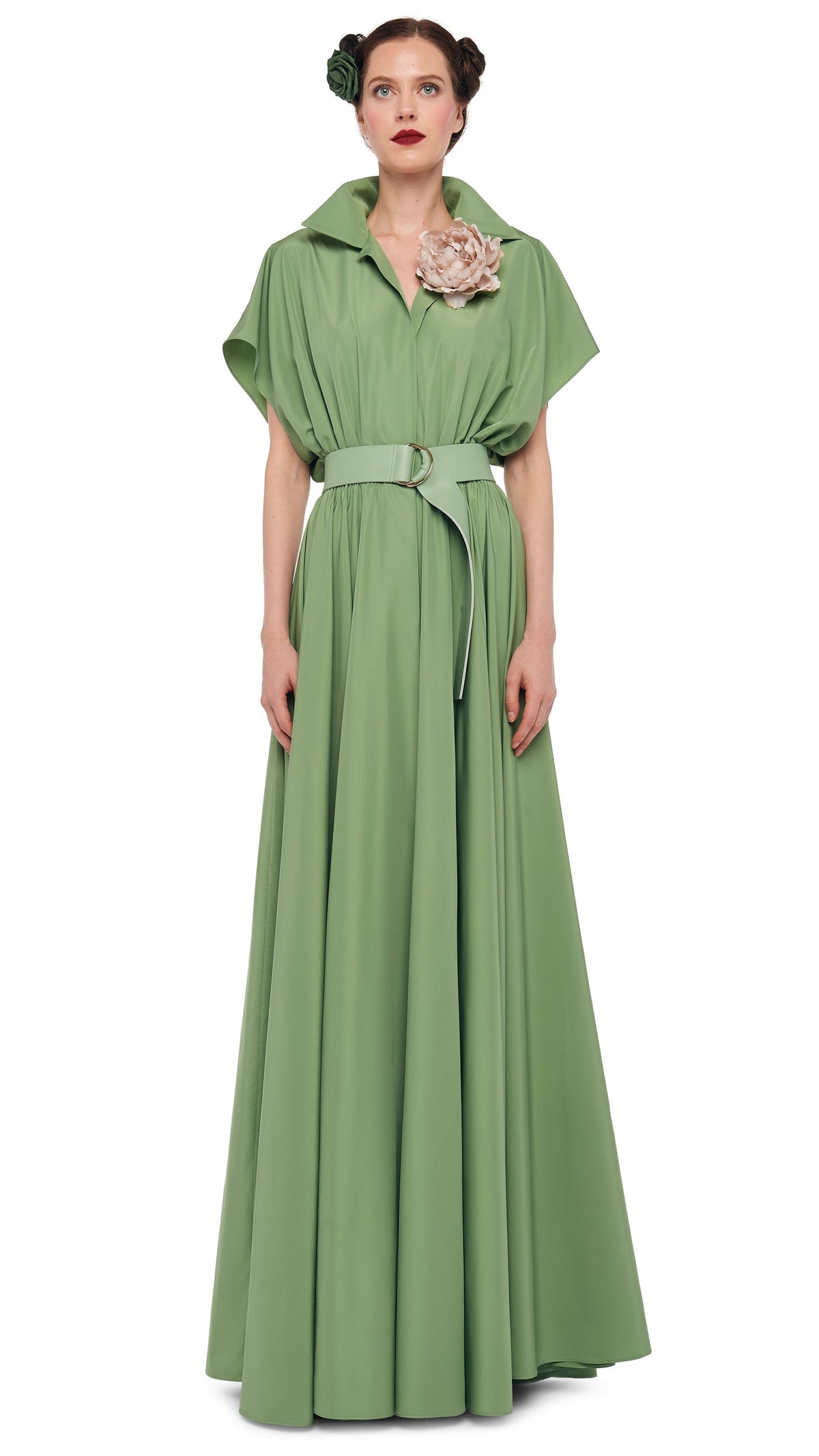 SUPER OS SLEEVELESS BF NK SHIRT FLARED GOWN Vintage Green | Norma Kamali Women