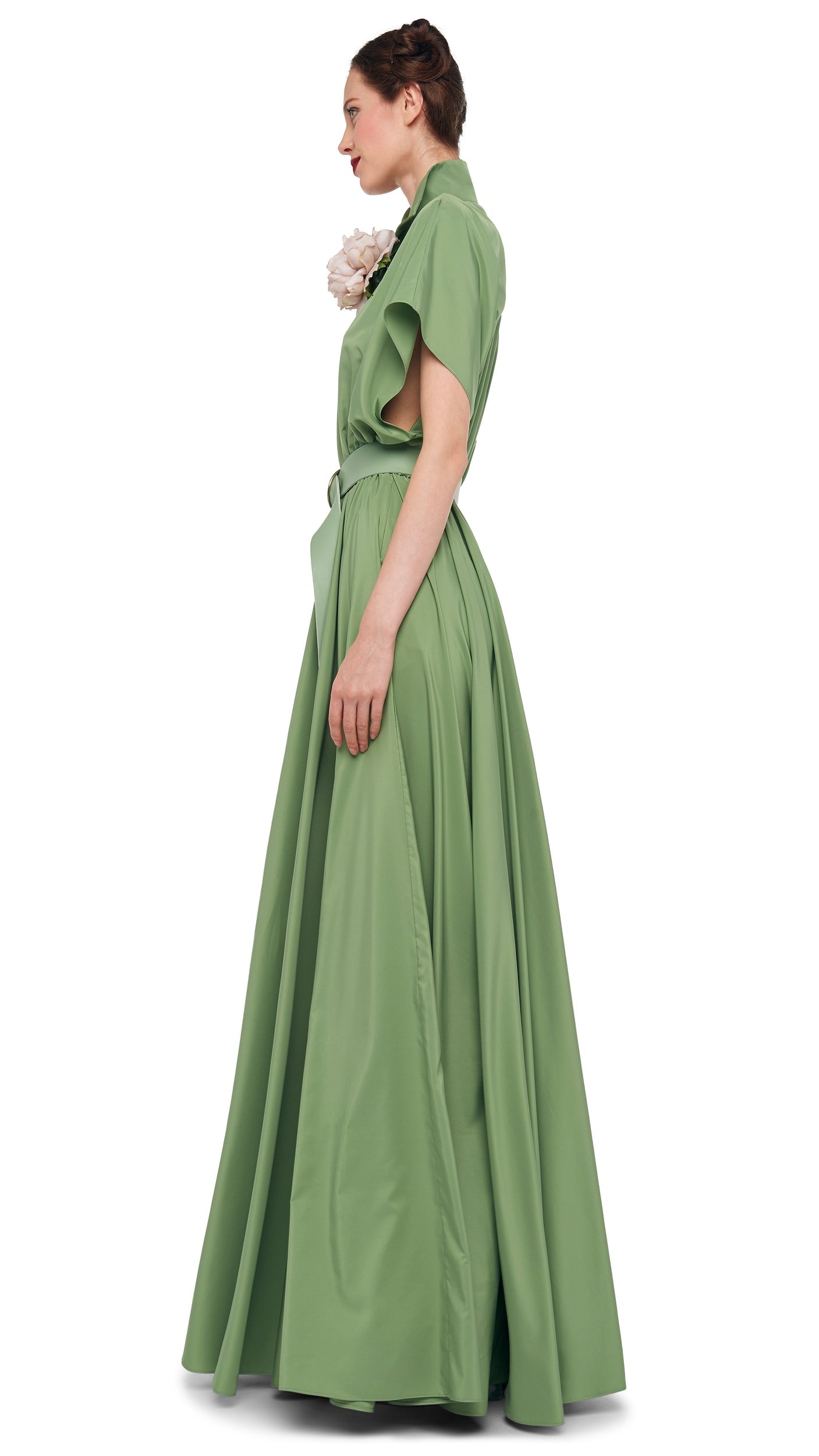 SUPER OS SLEEVELESS BF NK SHIRT FLARED GOWN Vintage Green | Norma Kamali Women