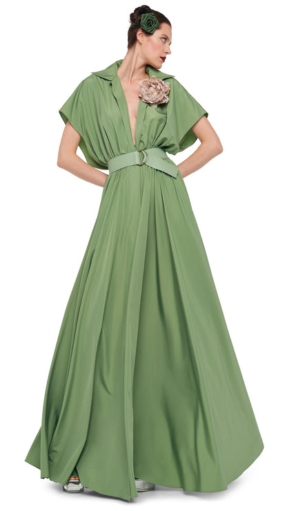 SUPER OS SLEEVELESS BF NK SHIRT FLARED GOWN Vintage Green | Norma Kamali Women