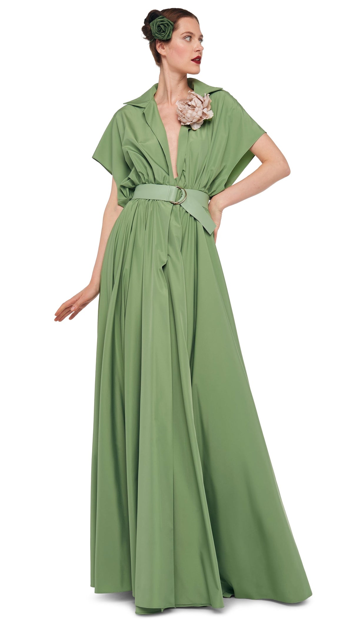 SUPER OS SLEEVELESS BF NK SHIRT FLARED GOWN Vintage Green | Norma Kamali Women
