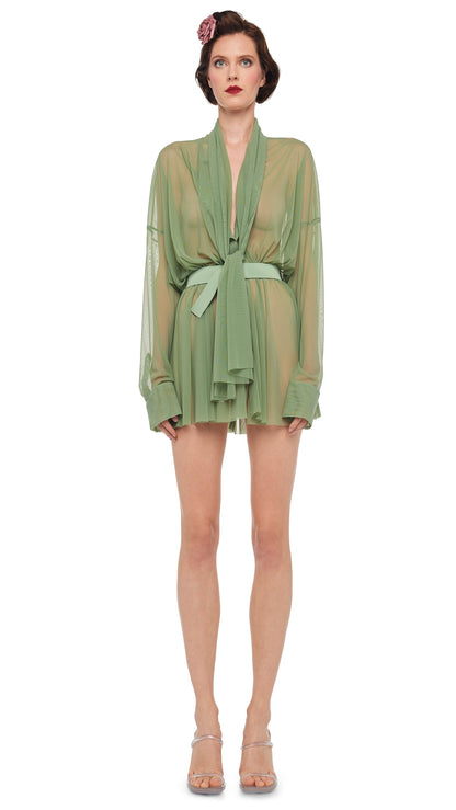 SUPER OS BF NK SHIRT FLARED MINI DRESS W/ BOW Vintage Green | Norma Kamali Women