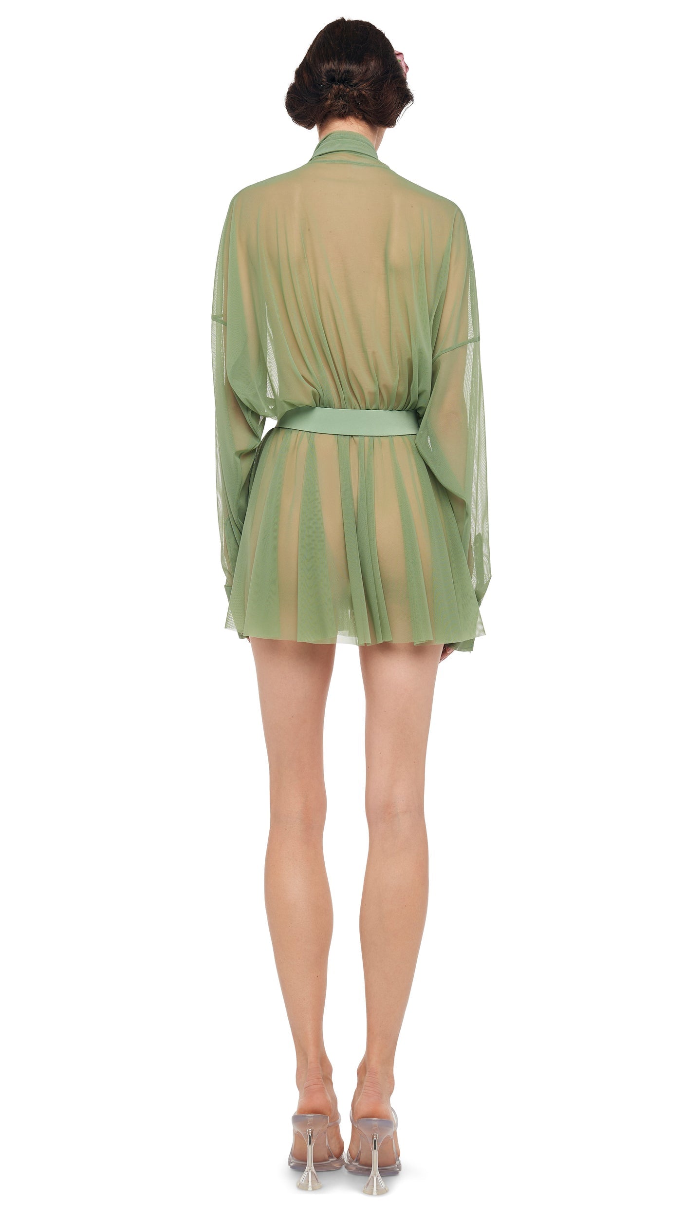 SUPER OS BF NK SHIRT FLARED MINI DRESS W/ BOW Vintage Green | Norma Kamali Women