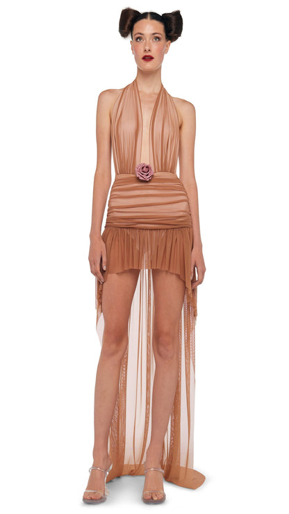 HI LOW HALTER DRESS Cappuccino/Snow White | Norma Kamali Women
