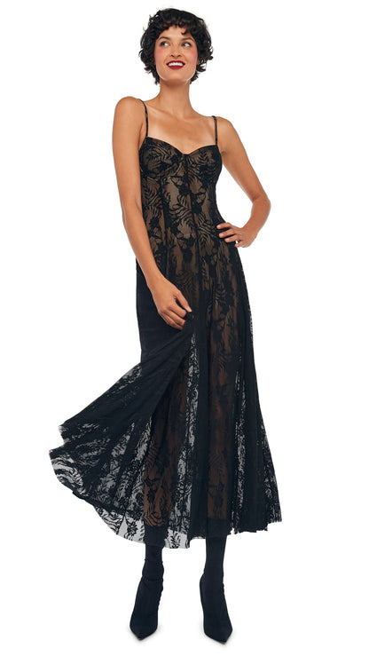 UNDERWIRE MIDCALF DRESS Black Stretch Lace/Nude | Norma Kamali Women