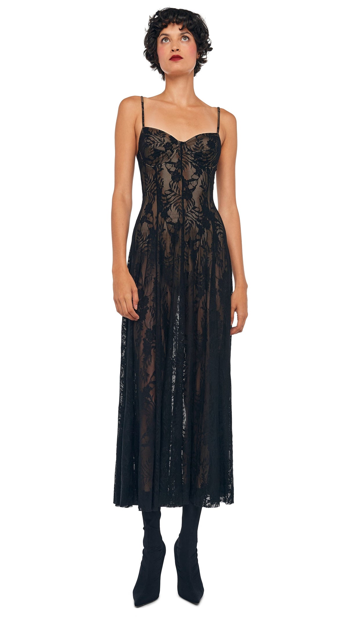 UNDERWIRE MIDCALF DRESS Black Stretch Lace/Nude | Norma Kamali Women