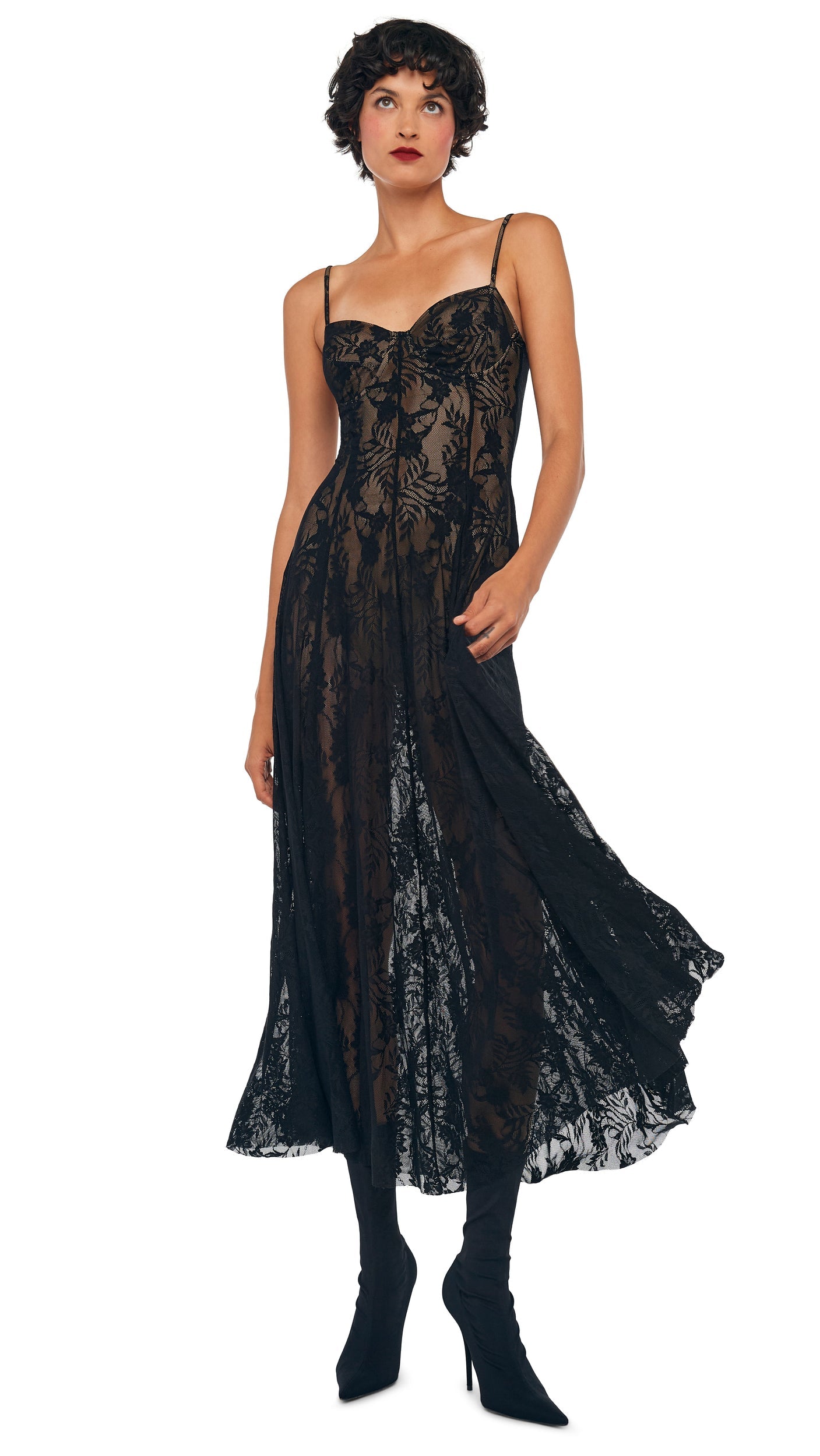 UNDERWIRE MIDCALF DRESS Black Stretch Lace/Nude | Norma Kamali Women