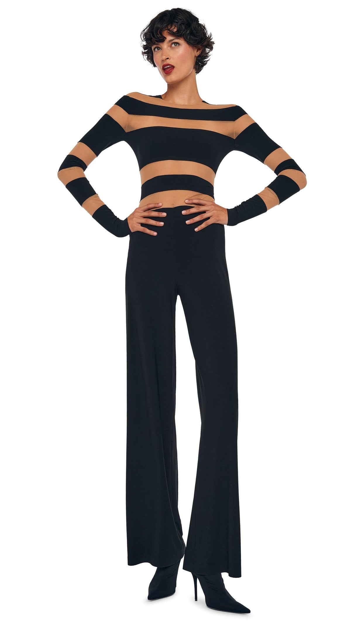 SPLICED STRAIGHT LEG JUMPSUIT Black/Nude Mesh | Norma Kamali Women