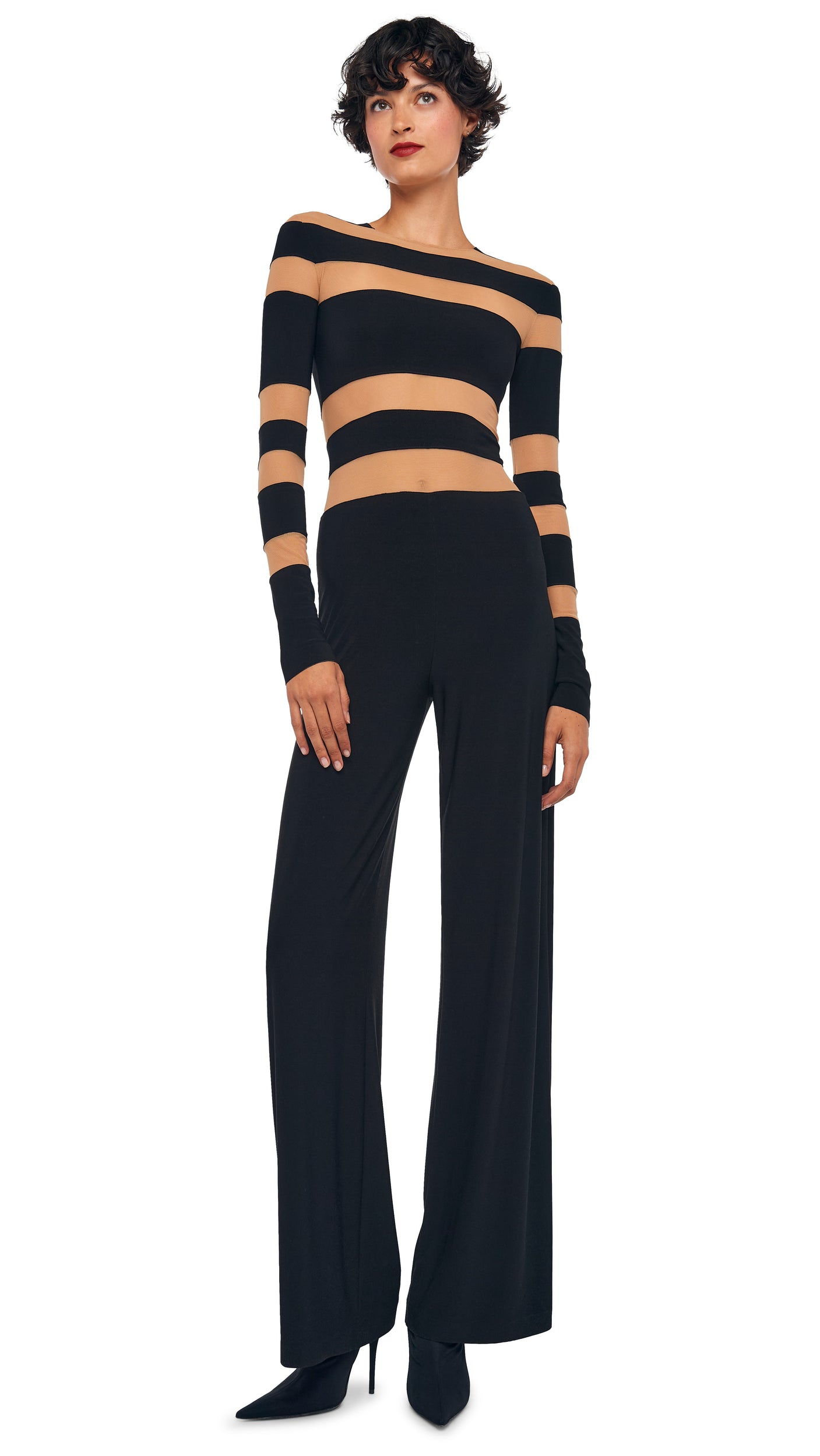 SPLICED STRAIGHT LEG JUMPSUIT Black/Nude Mesh | Norma Kamali Women