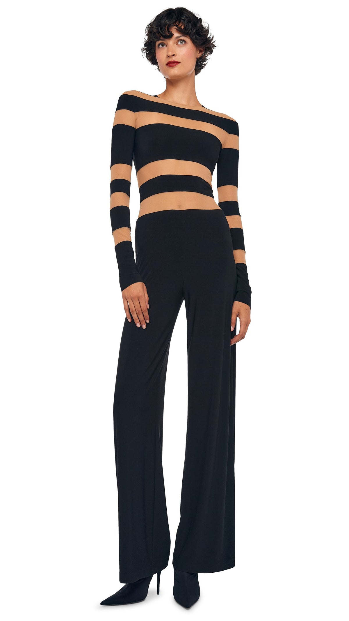 SPLICED STRAIGHT LEG JUMPSUIT Black/Nude Mesh | Norma Kamali Women