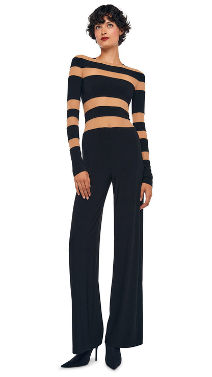 SPLICED STRAIGHT LEG JUMPSUIT Black/Nude Mesh | Norma Kamali Women