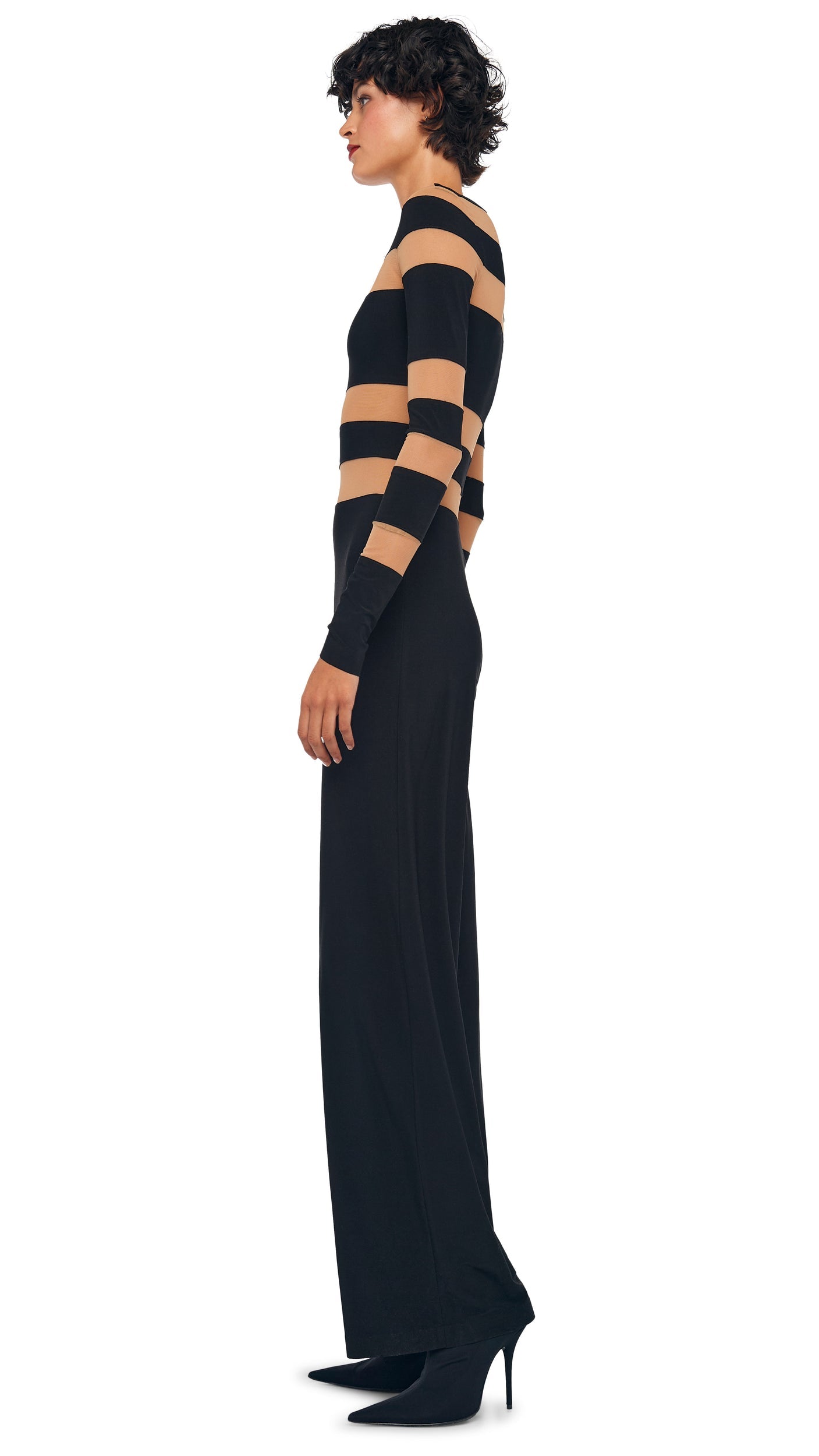 SPLICED STRAIGHT LEG JUMPSUIT Black/Nude Mesh | Norma Kamali Women