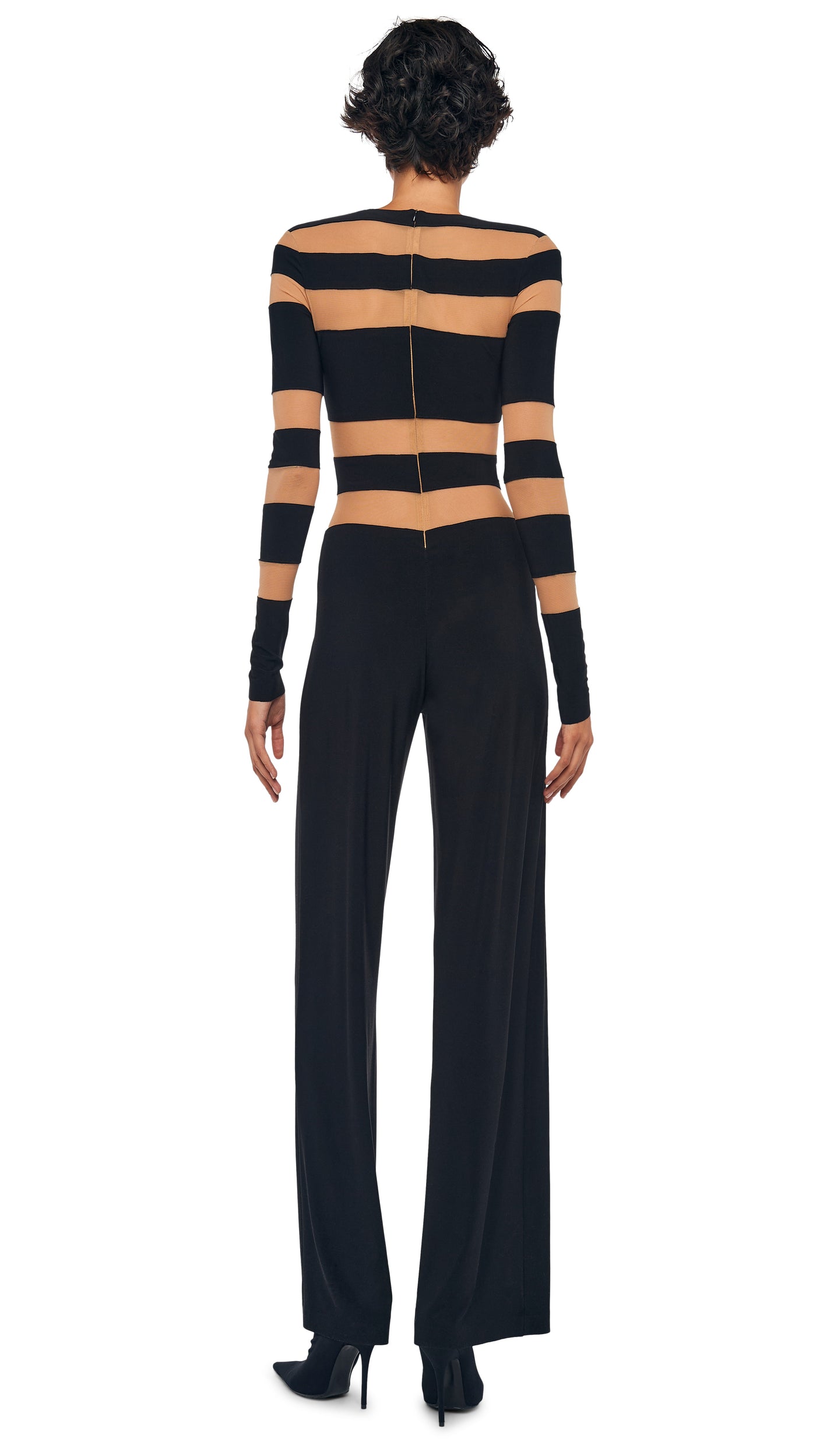 SPLICED STRAIGHT LEG JUMPSUIT Black/Nude Mesh | Norma Kamali Women