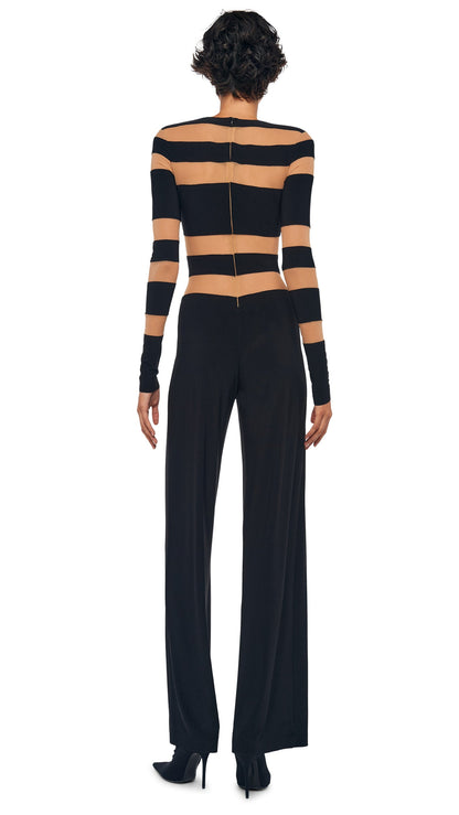 SPLICED STRAIGHT LEG JUMPSUIT Black/Nude Mesh | Norma Kamali Women