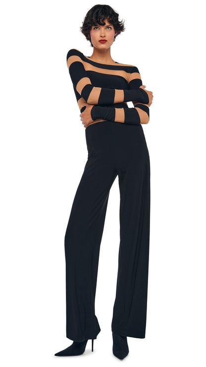 SPLICED STRAIGHT LEG JUMPSUIT Black/Nude Mesh | Norma Kamali Women